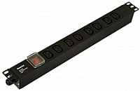 Блок SHE19-8IEC-S-CB горизонтальный, 8 розеток IEC320 C13, выключатель в подсветкой, без кабеля питания, клеммная колодка 16A, 250В, 482.6x44.4x44.4мм (ШхГхВ), корпус алюминий, черный Hyperline